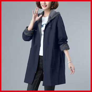 Большой размер S-7xl Женское пальто 2023 Новая свободная ветровка с капюшоном средней длины Женская высококачественная женская толстая куртка