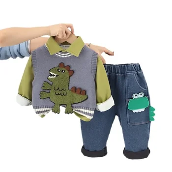 Набор трикотажной одежды для мальчиков Зимняя мода Дети Милый плюшевый утолщенный вышитый свитер с динозавром Набор из трех частей Детские наряды