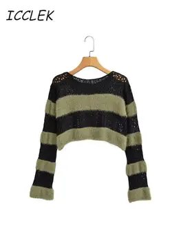 Icclek Укороченные свитера для женщин 2023 Осень 2023 Полосатый трикотажный пуловер с о-образным вырезом и длинным рукавом Свободный полый простой женский короткий топ