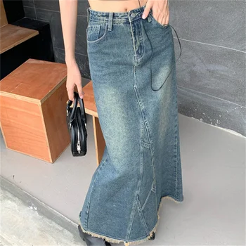 Длинные джинсовые женские джинсовые юбки Женские джинсовые юбки A Line Джинсовая юбка с высокой талией и раздвоенными краями 
