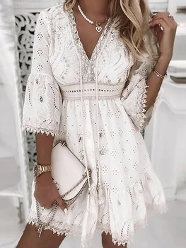 Белый кружевной пляжный платье Женщины Лето V-образным вырезом Hollow Out Boho A-line Платье Мода Элегантная вышивка Праздничные мини-платья Vestidos