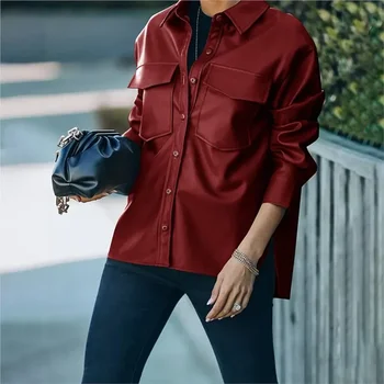 Повседневная куртка с длинным рукавом Офисная леди Весна Осень Мода Элегантный однотонный пиджак из полиуретана Пальто для женщин 2023 Женская верхняя одежда