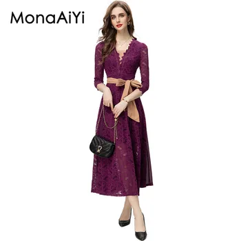 MonaAiYi Модельер Элегантное фиолетовое платье Женское V-образное вырез с длинным рукавом Съемный пояс Кружевной крючок Цветы Полое платье