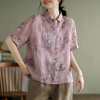 Хлопковые льняные рубашки для женщин Пуловер с половиной рукава Рубашка с ретро-принтом Свободная повседневная блузка с вырезом в корейском стиле Женские топы