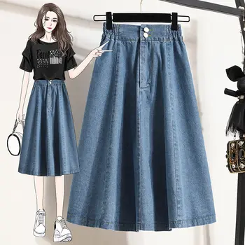 Джинсовая юбка большого размера A-Line Женская весна-осень 2023 Корейская свободная мода Эластичная юбка с высокой талией Midi Saia Jeans Z297