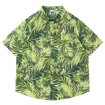  Зеленые листья Полный принт Летние пляжные рубашки Мужские свободные блузки оверсайз Винтаж Хип-хоп Рубашка на пуговицах Лето Повседневная Harajuku