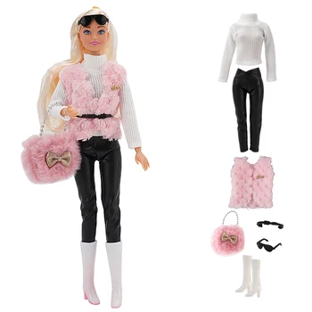 НОВЫЙ комплект NK 1 Комплект Кукла переодевание Грейс платье: топ + розовый жилет + брюки + очки + ремень + обувь + сумка для куклы Барби DIY Аксессуары