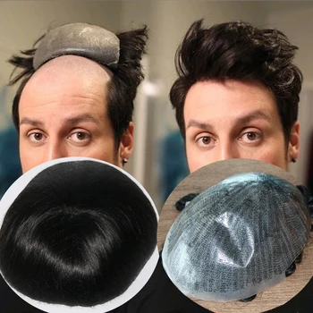  Полная полиуретановая база Мужской парик Прямой капиллярный протез из человеческих волос Syntem Для мужчин Мужская замена Прочный