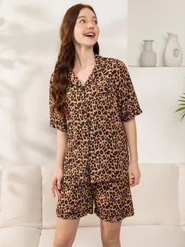 Женский пижамный комплект из вискозы больших размеров S-3XL с леопардовым принтом и коротким рукавом Пижамы из 2 предметов для женщин