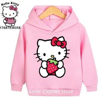 Kawaii Hello Kitty Толстовка с капюшоном для девочек Одежда Симпатичная детская мода для мальчиков Одежда Осень Спорт Толстовка Детские топы