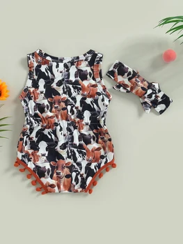 Симпатичный комбинезон для малышей в западном стиле с коровьим принтом с дизайном без рукавов и кисточками с помпоном, включая соответствующую повязку на голову -
