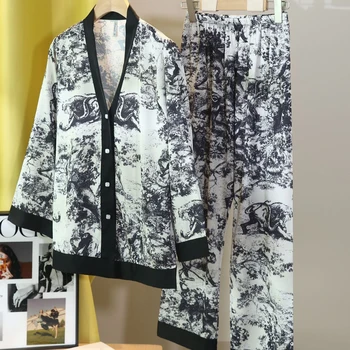 V-Nevck Домашняя одежда Атласная домашняя одежда Женские пижамы с принтом Джунгли Пижама Костюм 2 шт. Наряд Рубашка и брюки Вискоза Брюки Ночное белье