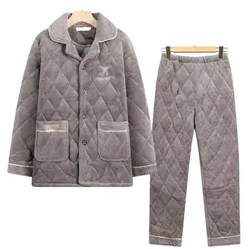 XL-4XL Мужские пижамные комплекты Зимнее пальто с длинным рукавом + брюки 2 шт. Пижамы Костюмы Однотонный Свободный Держать Тепло Мужские наряды H111